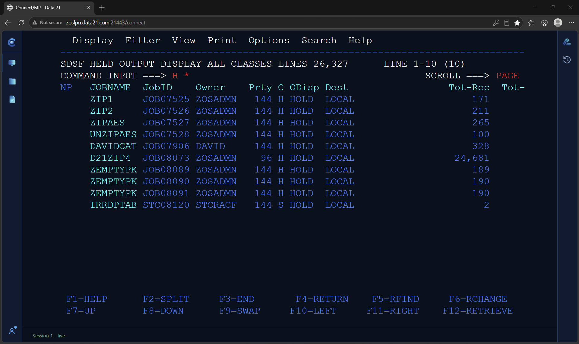Connect/3270 SDSF held output queue