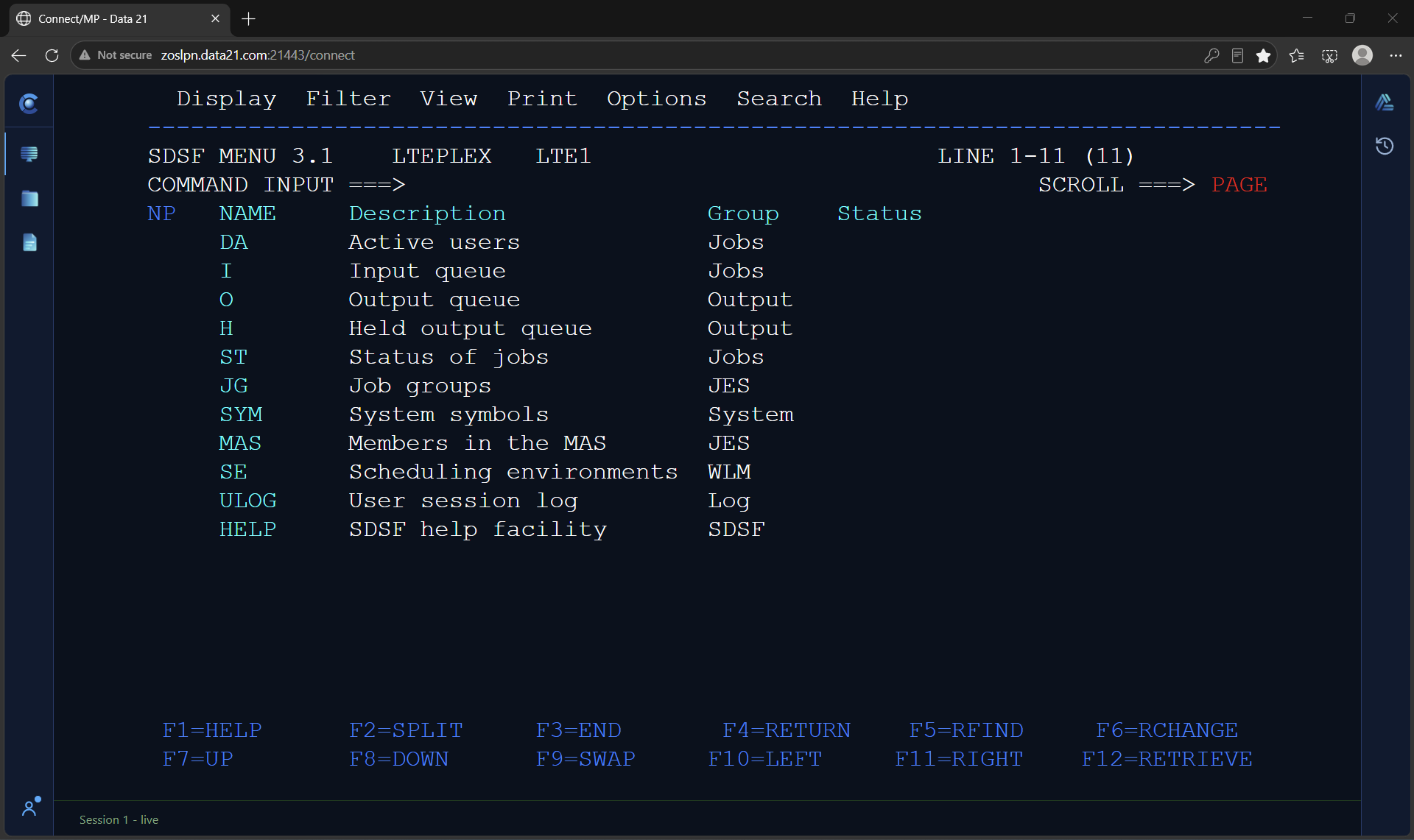 Connect/3270 SDSF primary menu