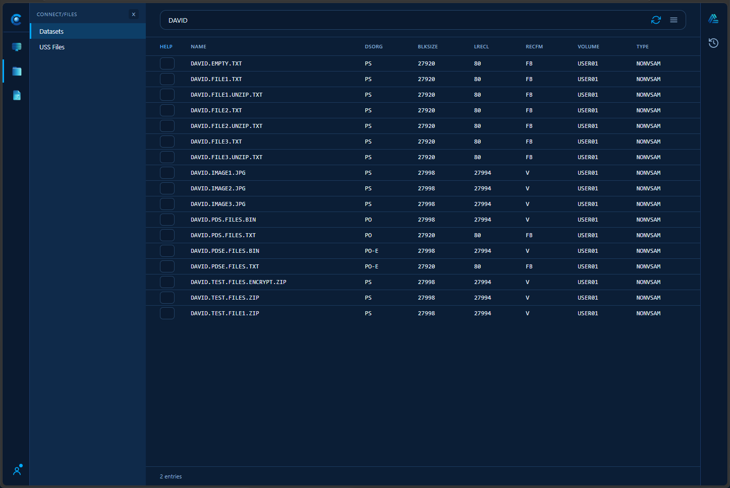 Connect/Files datasets and USS files navigation