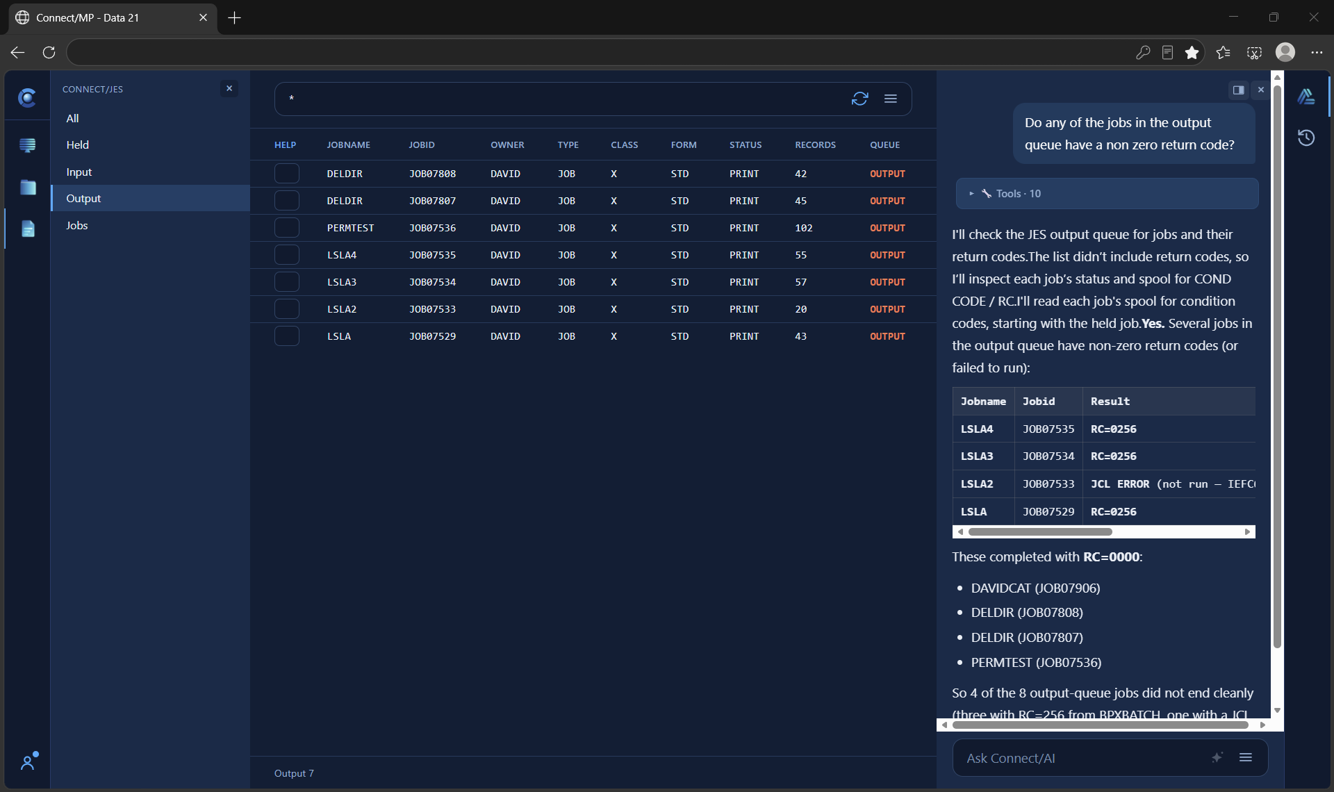 Connect/AI answering a live question about JES output queue return codes